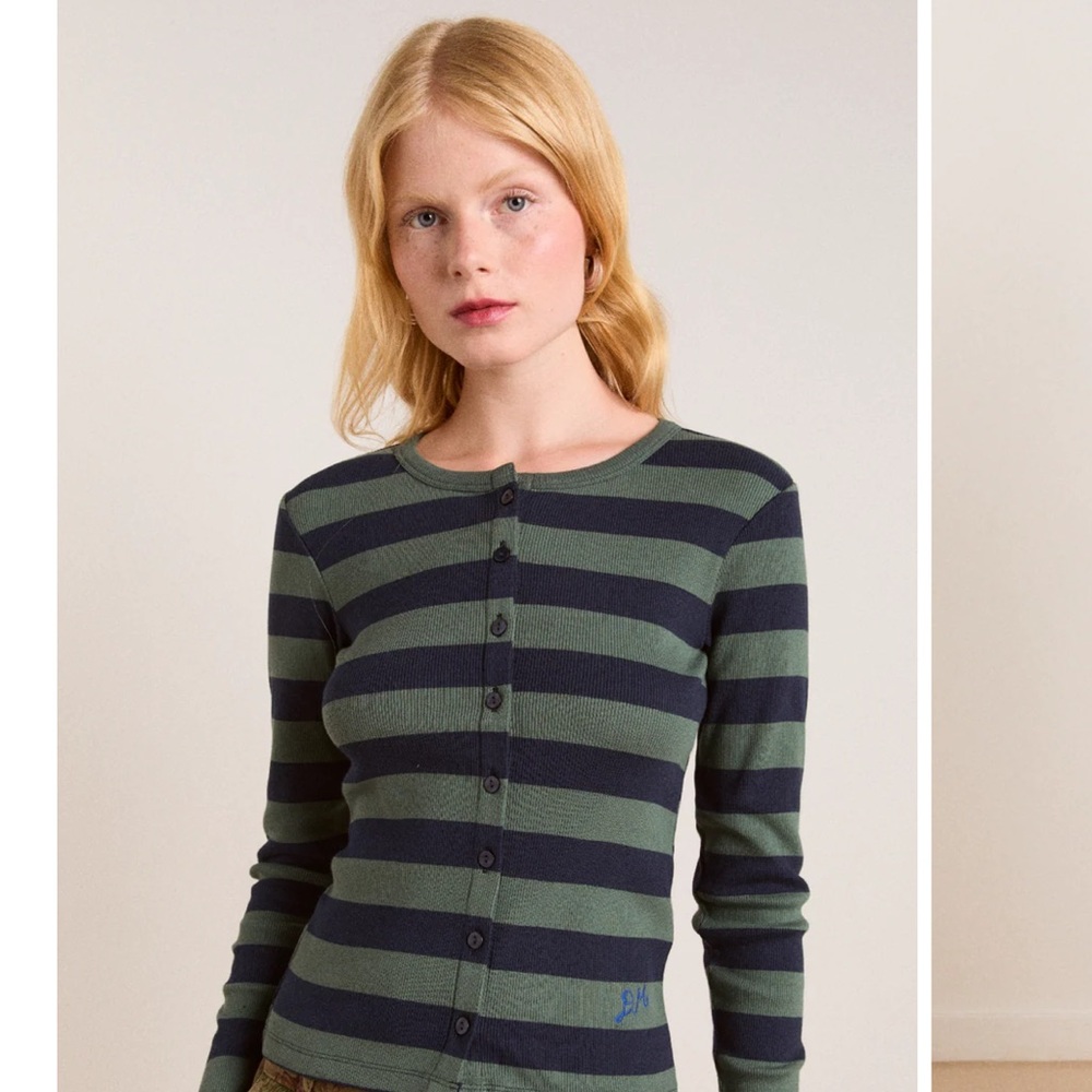 Striped Green and Navy Button-Up Blouse-never worn